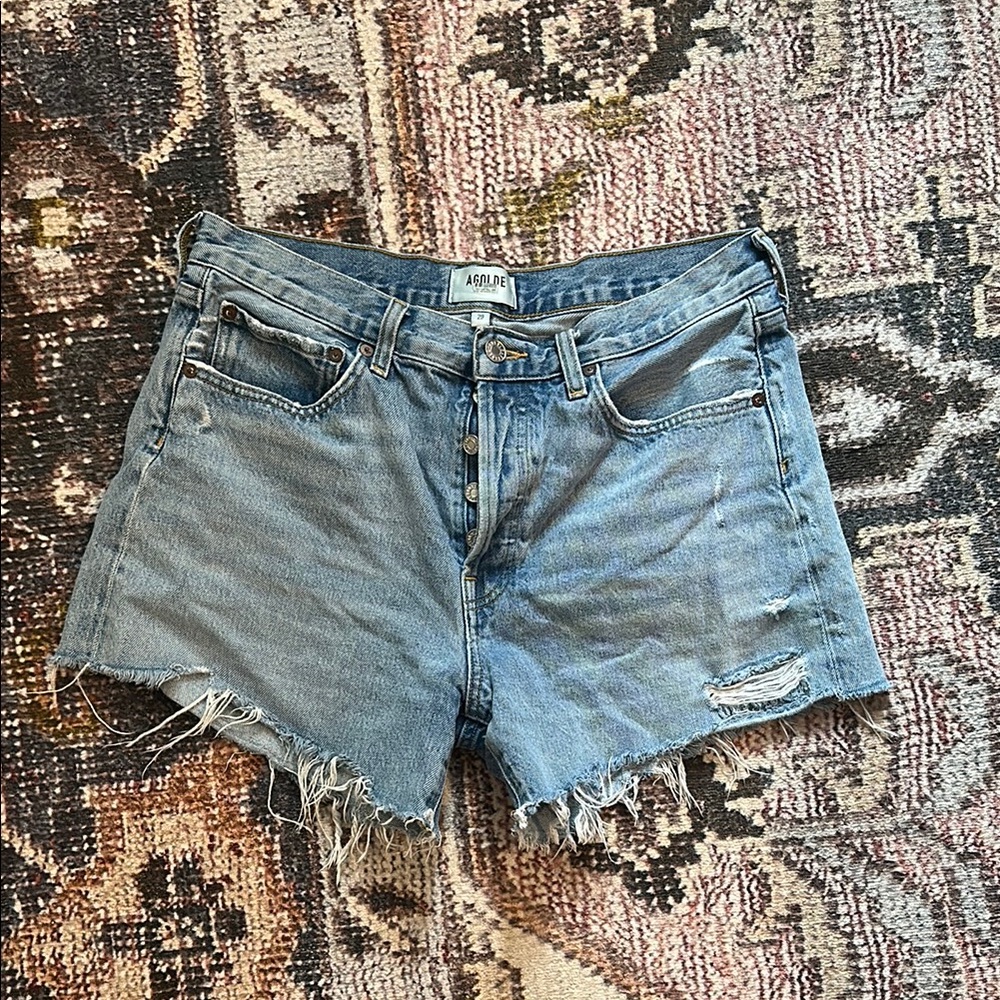 Agolde Parker long Blue Jean Shorts Distressed Cut-Off Style